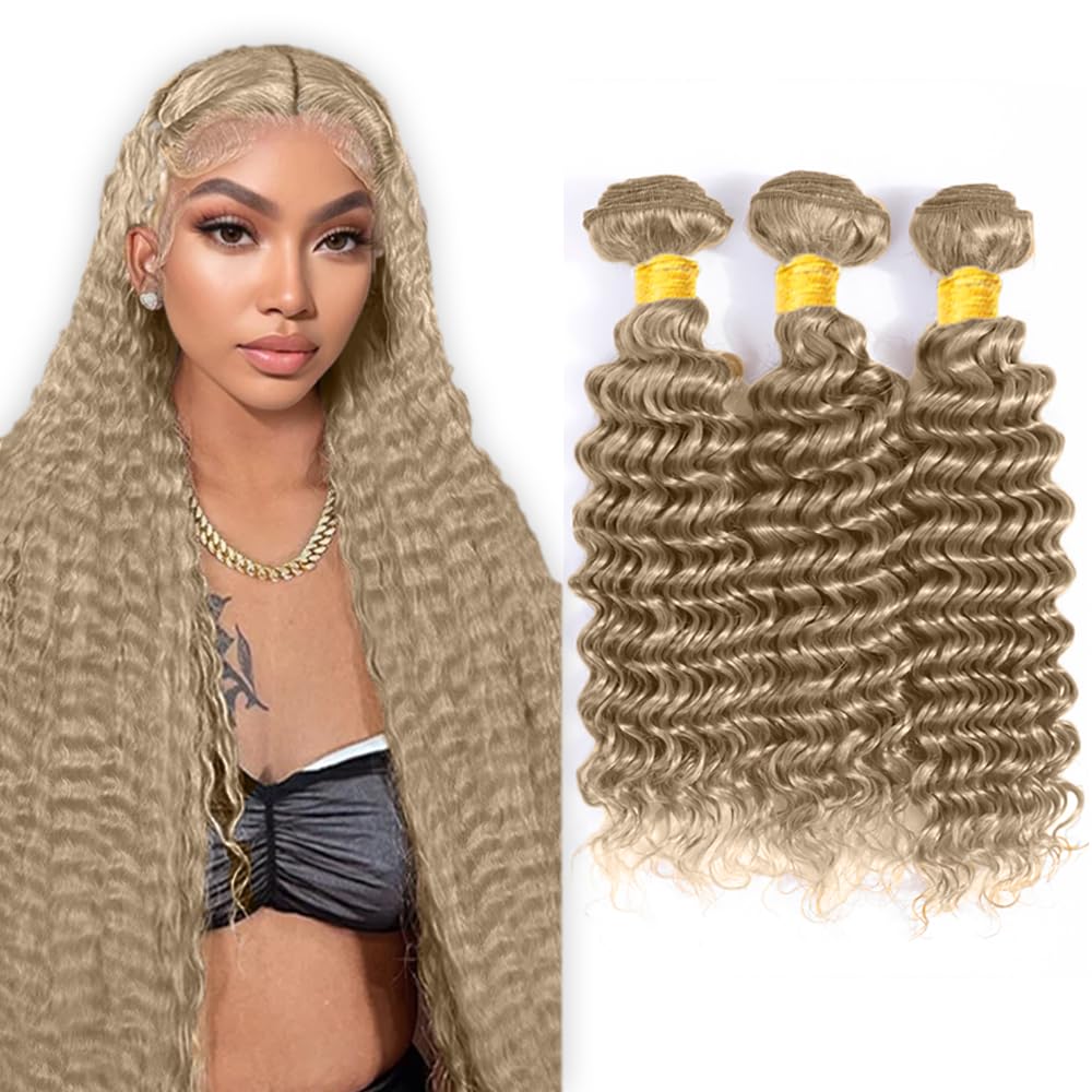 Creuost #22 Ash Blonde Deep Wave Human Hair Bundles 30 32 34 Inch Doubles Weft Real Unprocessed weft 3 bundles Total 300g Human Hair Extension For Woman