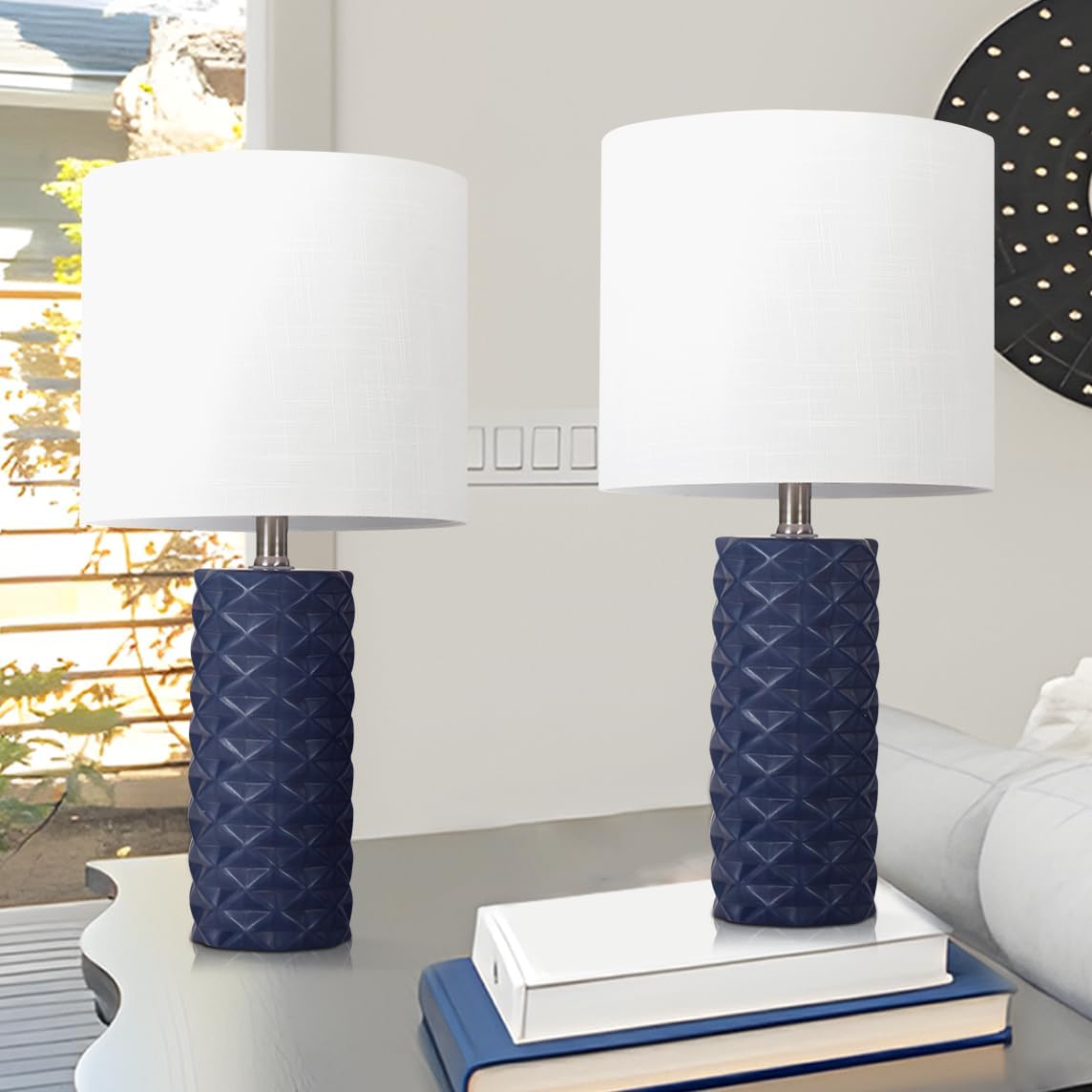 20.25” Navy Blue Ceramic Lamps Set of 2, Blue Lamps Set of 2 for Living Room, Bedroom, Nave Table Lamp for Nightstand, Classic Table Lamp for Guest Room