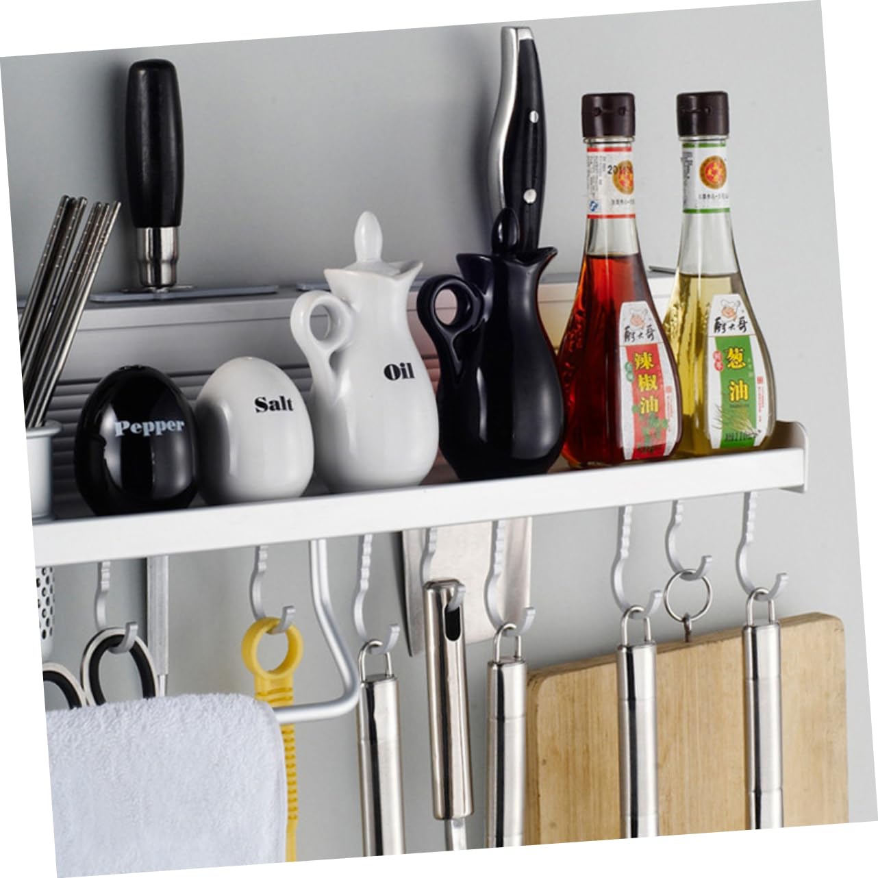 Porta Spezie da Parete 8 Ganci e 2 Vaschette in Alluminio per Cucina e Hotel, Moderno e Facile da Pulire