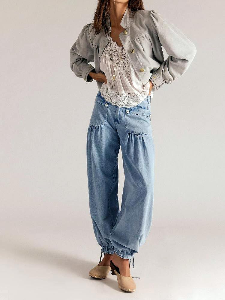 yoeasy Women's Lotus Tube Jeans Mid Rise Baggy Wide Leg Barrel Jeans Drawstring Ankle Denim Pants with Pockets