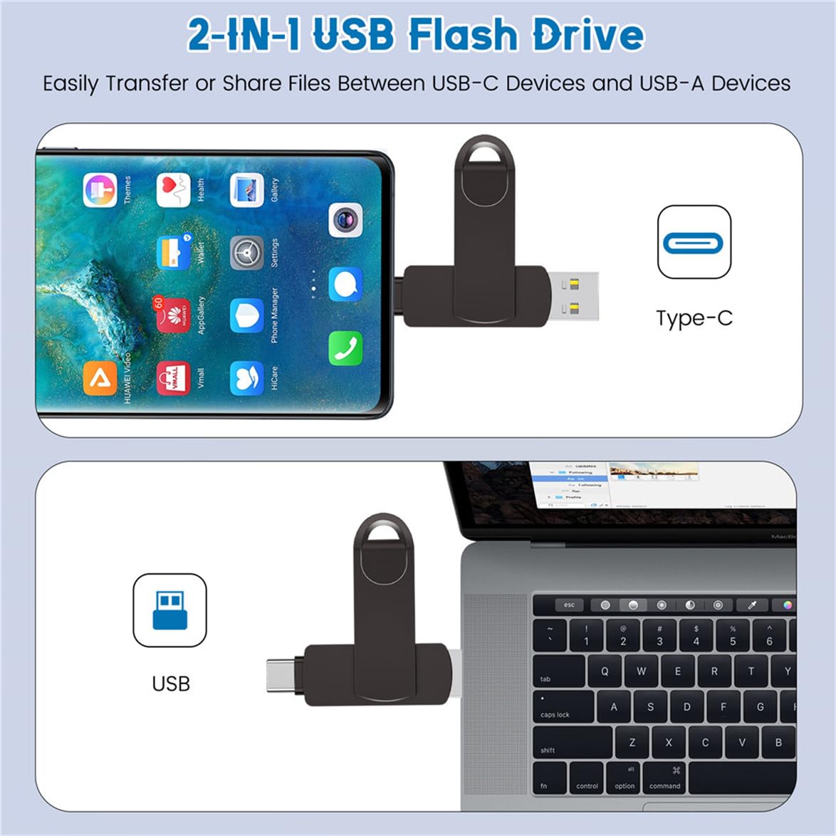 USB Stick 512GB 2 IN 1 Hochgeschwindigkeit USB 3.0 Stick Type-A und Typ-C Tragbar USB C Stick Metall Speicherstick Mini Memory Stick Kompatibel für Handy Laptop Tablet OTG Android PC