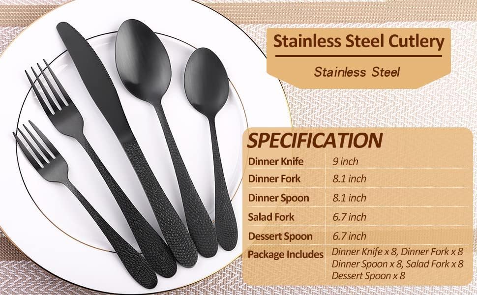 Image of aDai Premium 20 Piece Stainless Steel Cutlery Set | Elegant Hammered Handle Flatware | Includes Spoon Fork Knife Teaspoon | Durable Rust Resistant | Perfect for Gifting (Black)