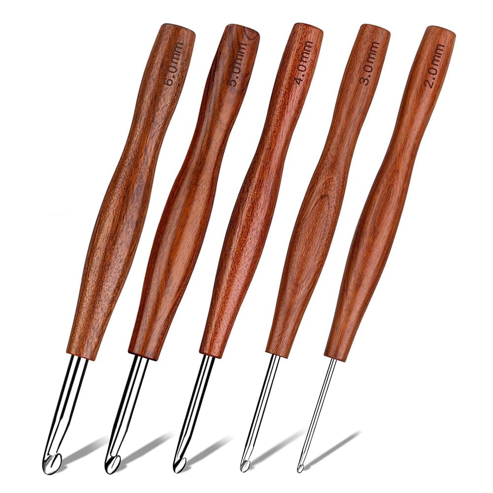 Hndhbfgrt 5 Pcs Crochet Hook 5 Size Aluminum Ergonomic Crochet Hook Wooden Handle for Arthritic Hands Crochet Needles for Knitting