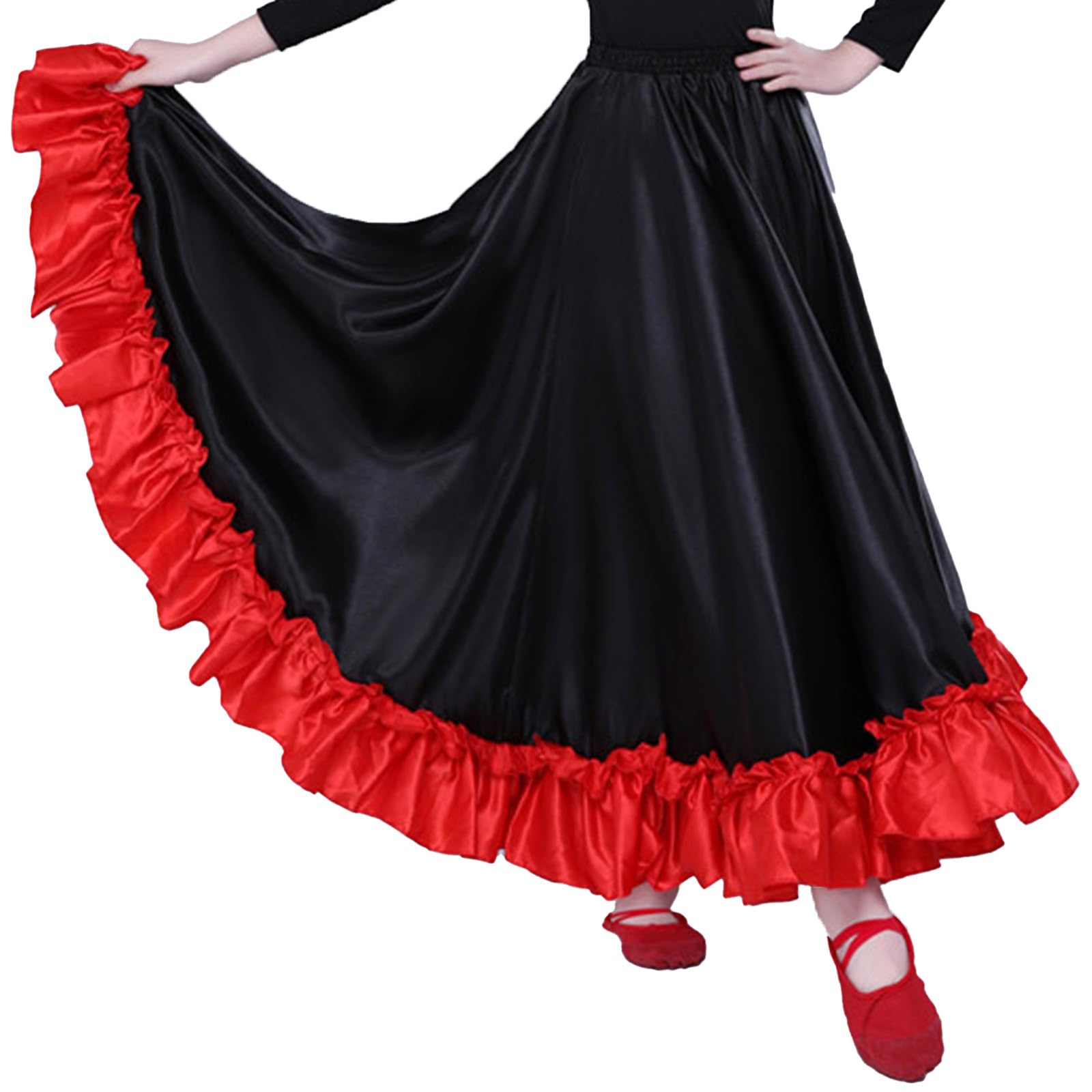 Choomomo Kids Girls Dance Ruffles Layers Long Skirt Spanish Flamenco Gypsy Folklorico Costume Black 180 Degree 9-10 Years
