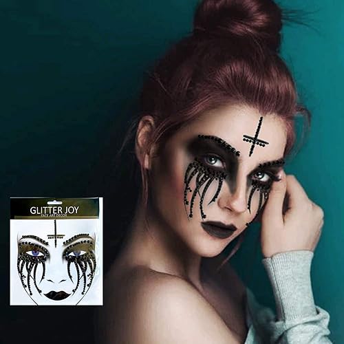 Miniatura 4 de Paquete de 2 calcomanías de cara de Halloween, gemas de payaso, maquillaje de monja, tatuaje de cara temporal de diamantes de imitación para