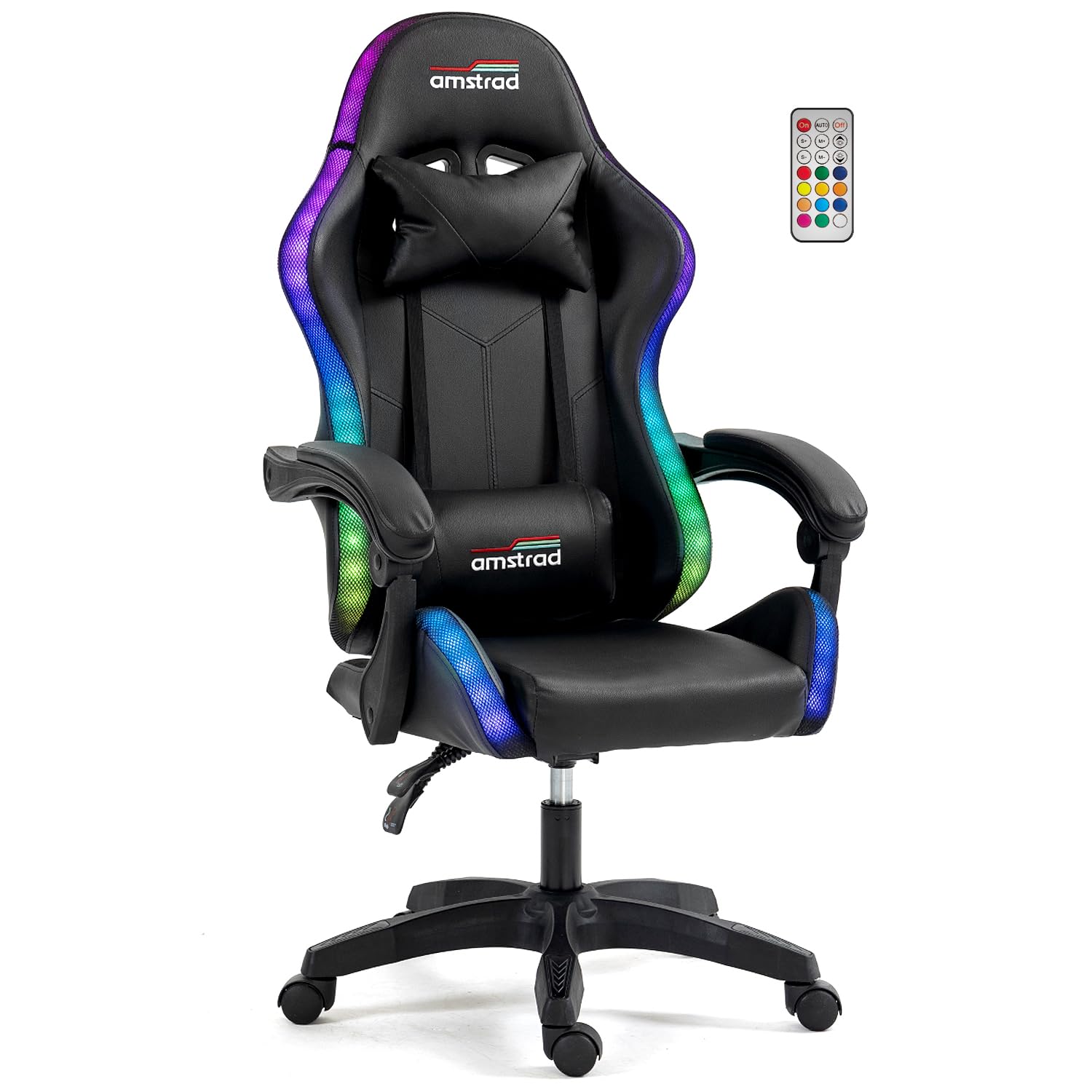 Amstrad AMS-​LED-​Darkside Fauteuil/​Chaise de Bureau Gamer Noir avec éclairage LED 366 Effets - Télécommande