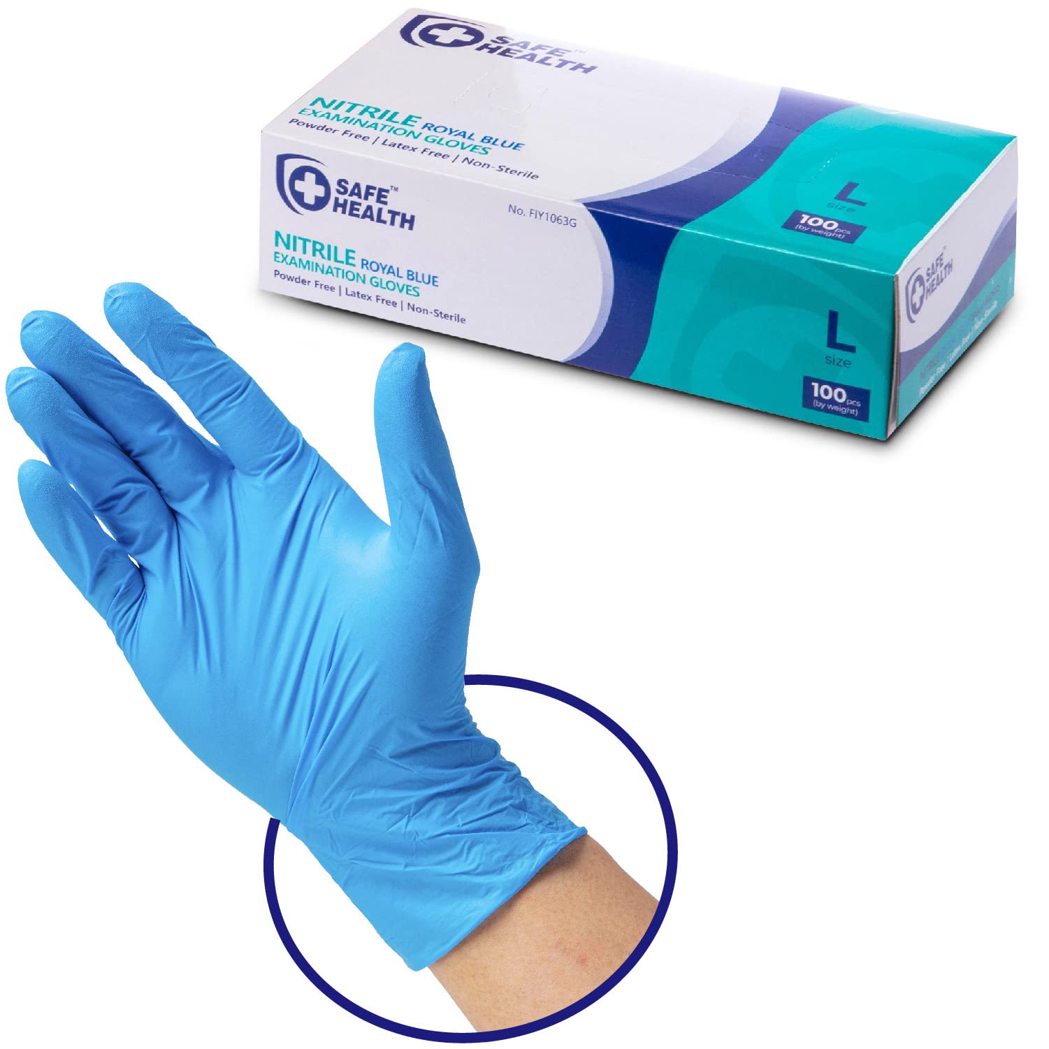Safe Health Blue Nitrile Exam Gloves,100-Count S M L XL,3.5 Mil Free of Powder-Latex,Disposable-Textured,Clinic-Office-Daily,Medical,First-Aid,Clinics