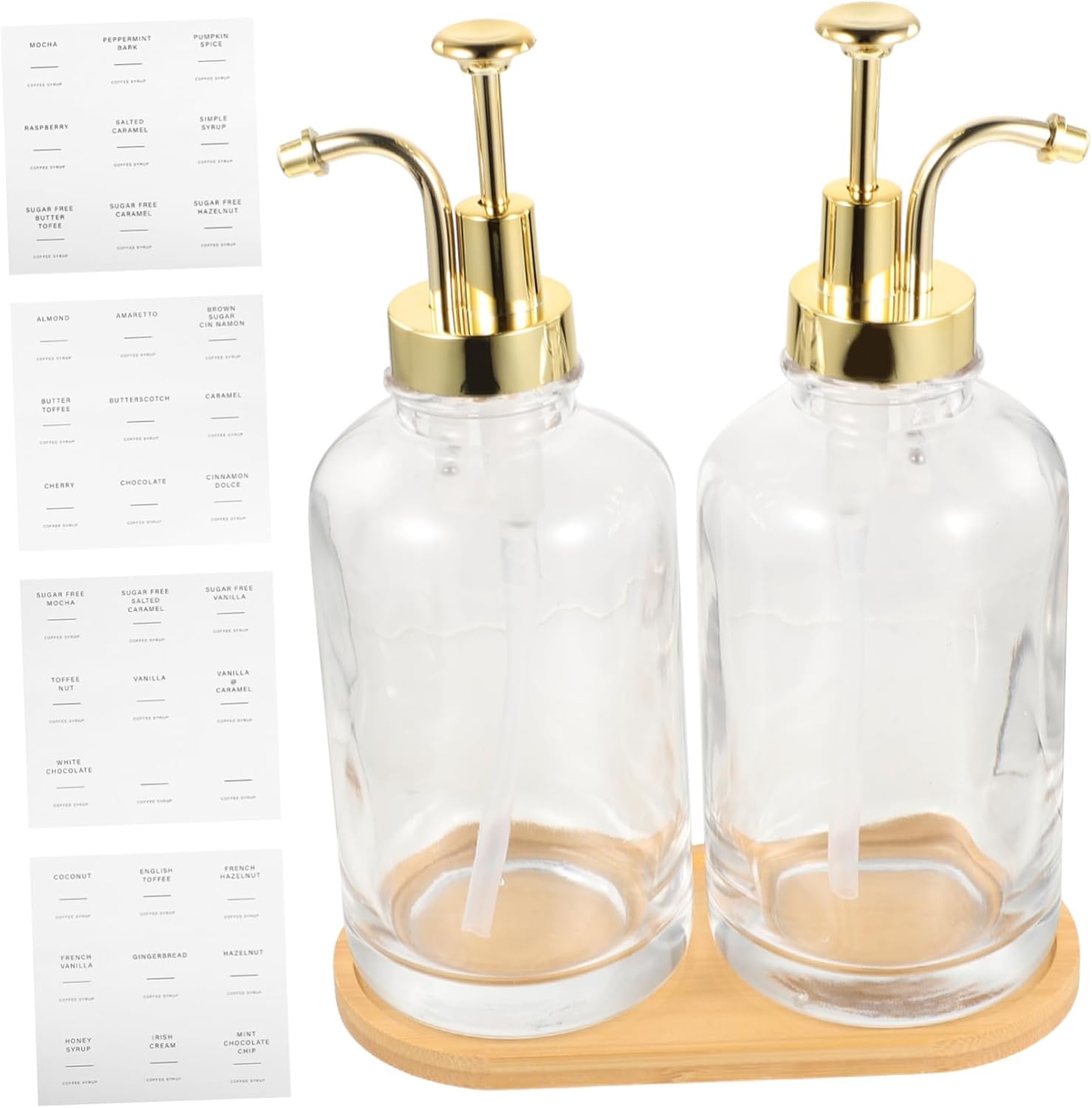 Glass Syrup Dispenser Gold Pump Bottles with Tray Decorative Kitchen Accessory for Coffee Bar for Hazelnut and More