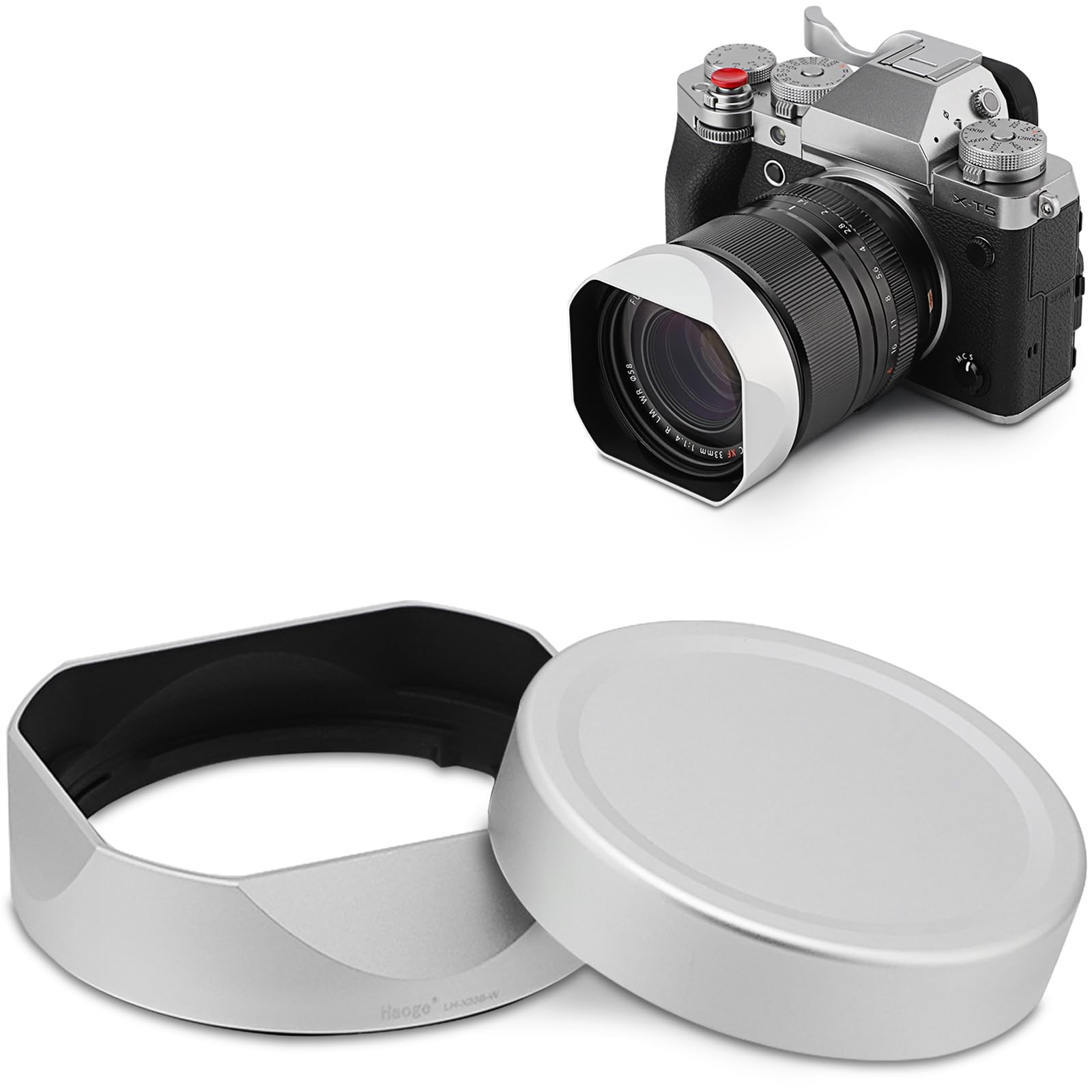 Quadratische Gegenlichtblende aus Metall für Fuji XF33 mm F1.4 R LM WR Objektiv, Fujifilm XF23mmF1.4 R LM WR, Fujinon XF 16–50 mm F2.8–4.8 R LM WR Objektiv, mit Metallkappen-Set, Haoge Bajonettblende