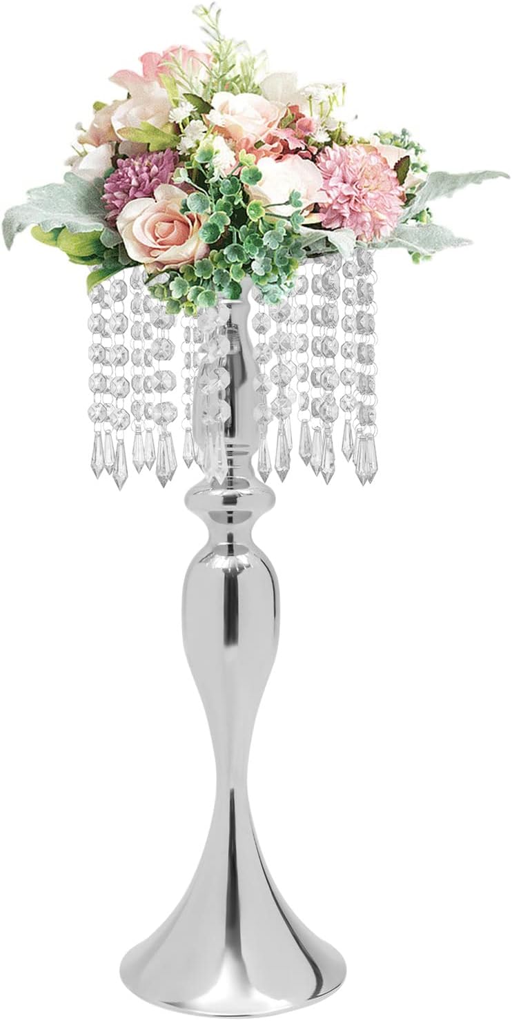 10pcs Silver Vases, 21.3 Inch Tall Crystal Flower Stand Wedding Centerpieces Vases Metal Flower Vases Tabletop Floral Stand for Anniversary Ceremony Party Birthday Event Home Decorations