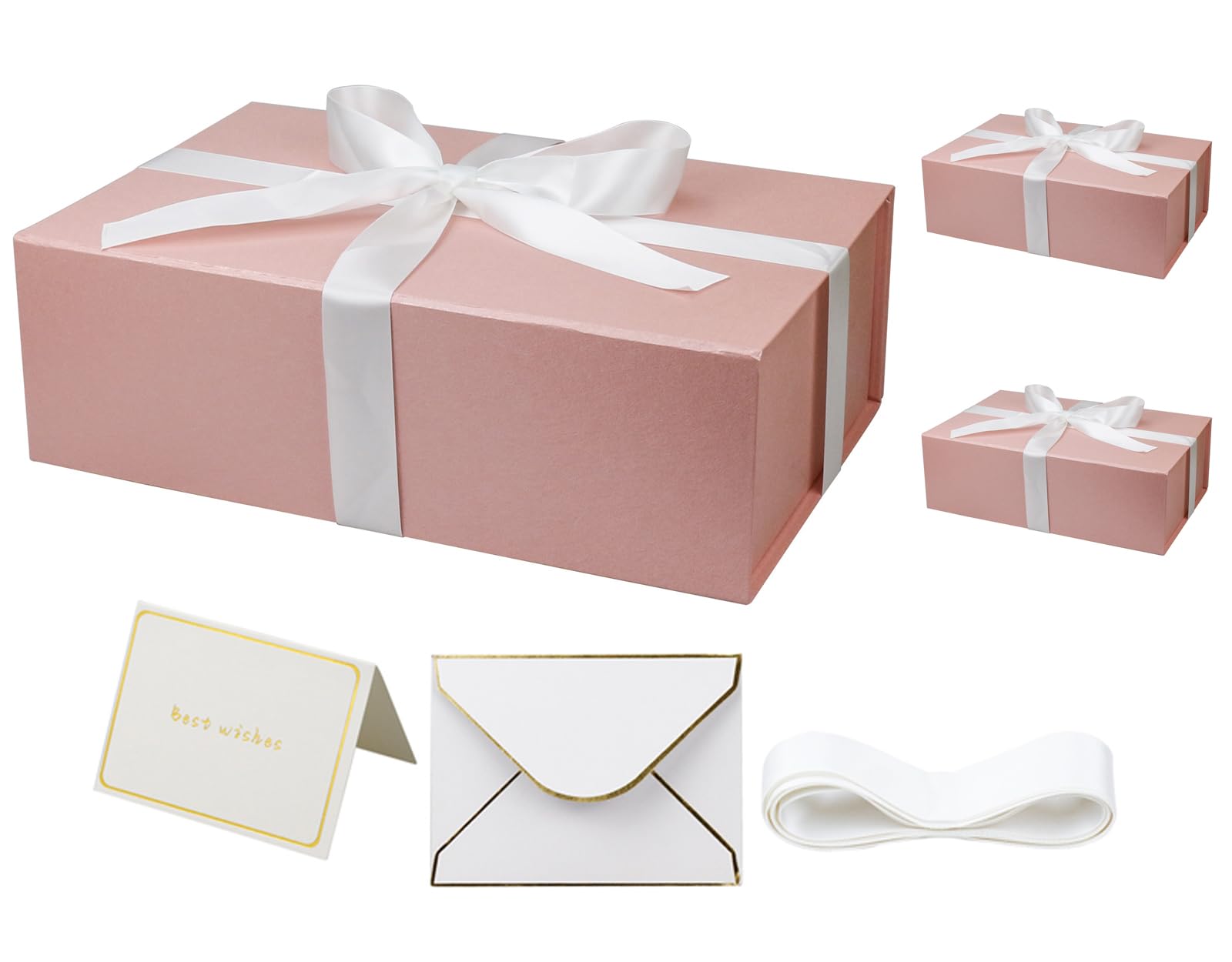 YINUOYOUJIA 3 Pack Pink Gift Boxes with Lid,14"x9"x4.5" Magnetic Gift Box with Ribbon,Cards and Envelopes for Presents,Great for Wedding,Birthdays,Crafting,Gift Packaging