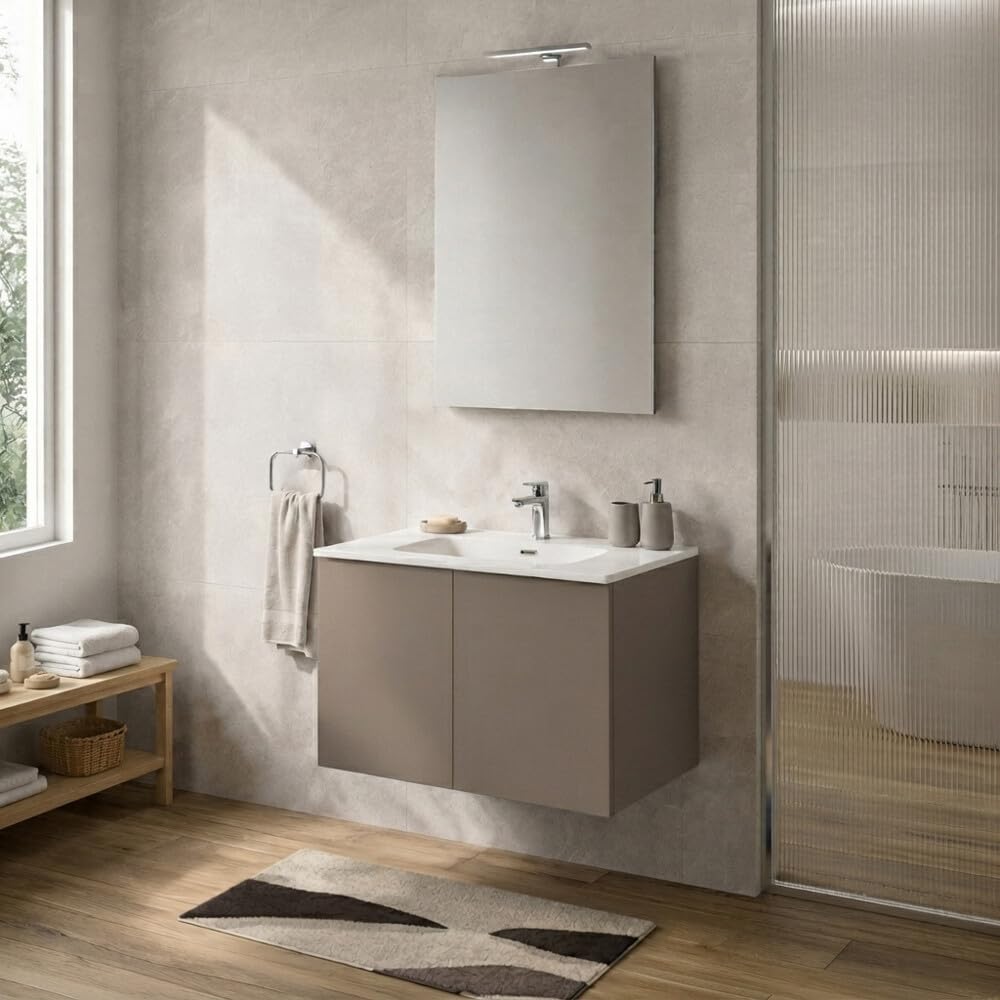 Mobile Bagno Sospeso 80 cm Tortora – Mobiletto Lavabo Moderno a Due Ante Push and Pull – Mobile Già Montato con Lavandino ad Incasso Linea Tierra