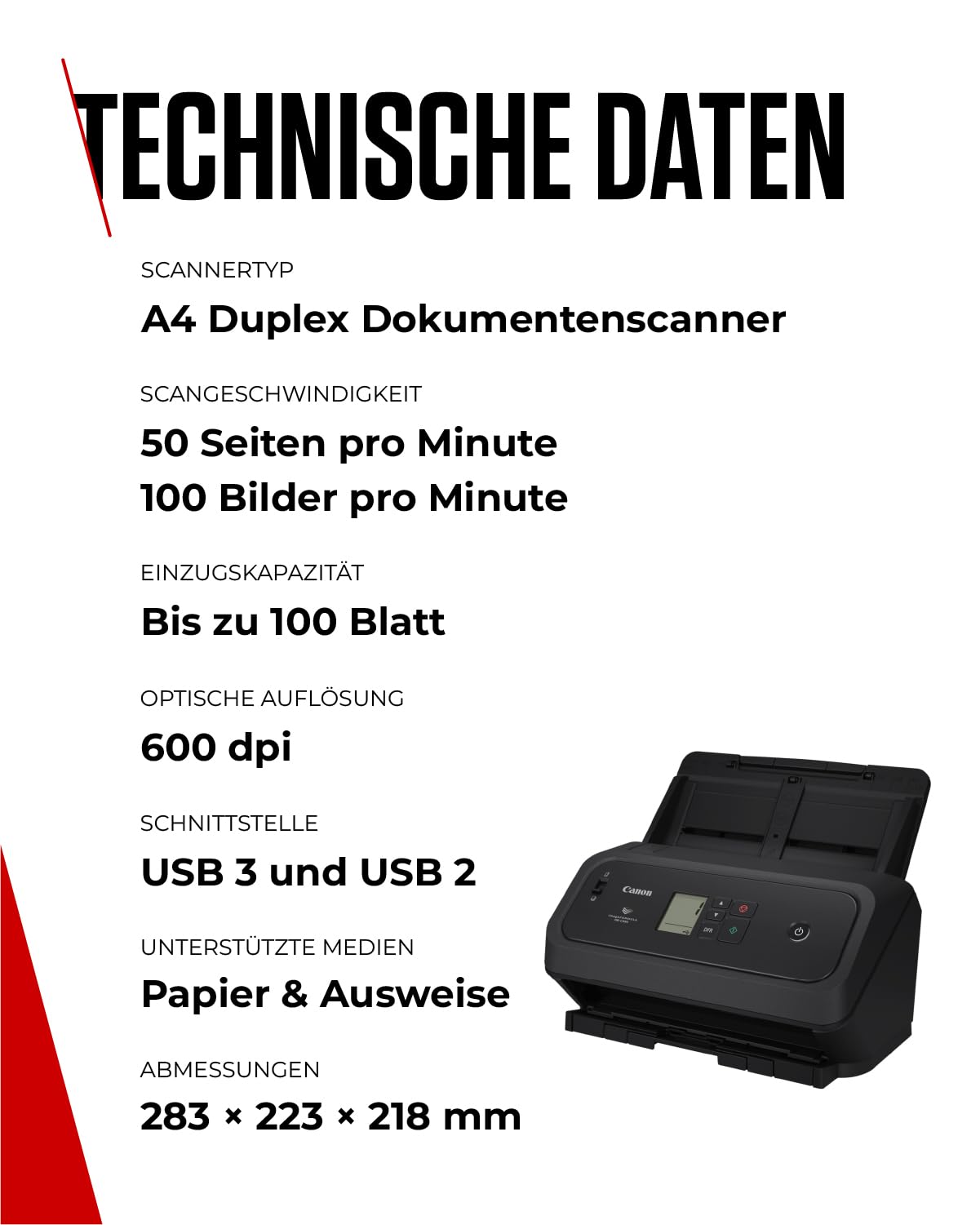 Canon imageFORMULA DR-C350 A4 Dokumentenscanner – Kompaktes Design & erweiterte Bildverarbeitung fürs Büro – 100-Blatt-Einzug – mit Canon CaptureOnTouch Pro