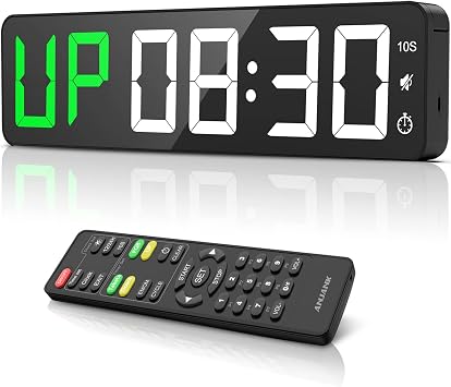 Gym Timer 15 Inch Large LED Display Wall Clock Interval Workout Countdown & Up Stopwatch 12 Adjustable Volumes 3 Installation Options Digital Timer for Fitness Home Garage Gym and Outdoor Sports