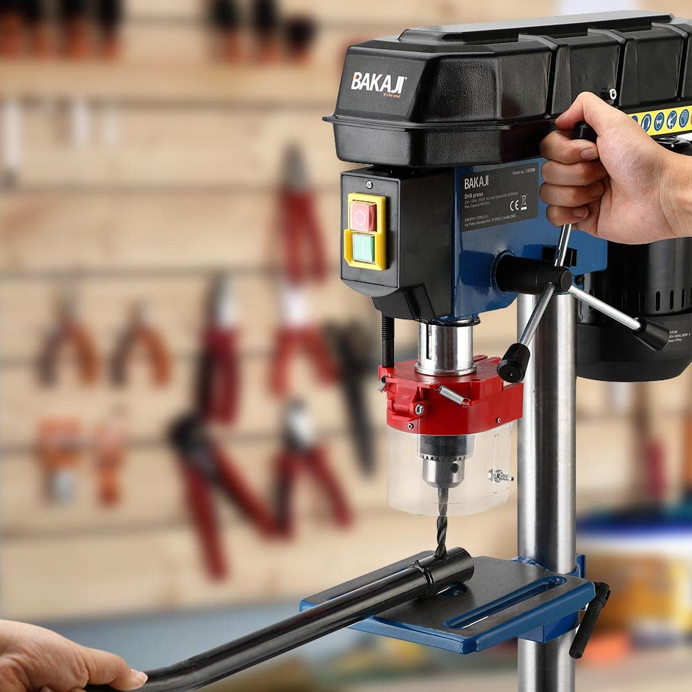 Bakaji Trapano Elettrico a Colonna da Banco Potenza 350W Velocita 1450rpm Regolabile con Mandrino 13mm Arresto di profondità e Piano a Forare Regolabili Ampia Base con Fori di fissaggio