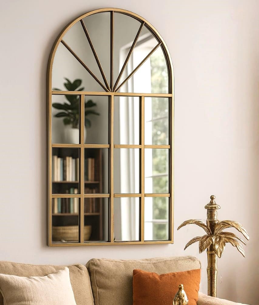 Arched Window Style Wall Mirror, Gold, Metal Frame, Decorative Home Decor-picture-31