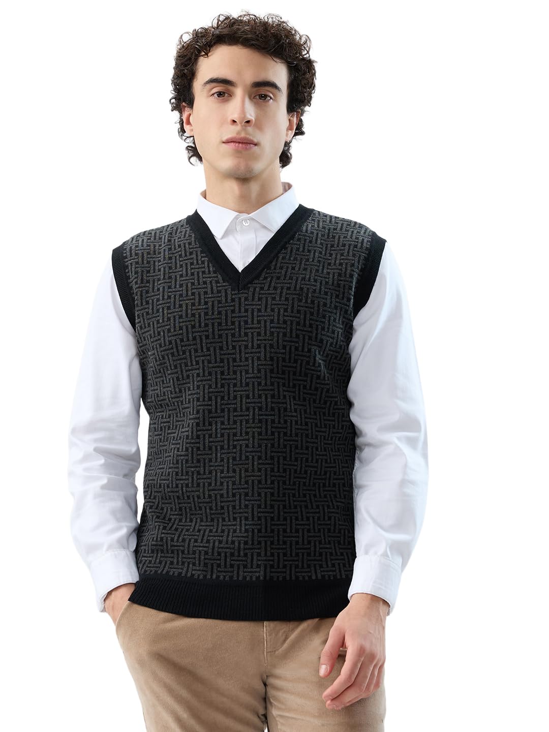 raymond Men Regular Fit Structure Pattern Merino Wool Acrylic Blend V Neck Sleeveless Casual Sweater-picture-26