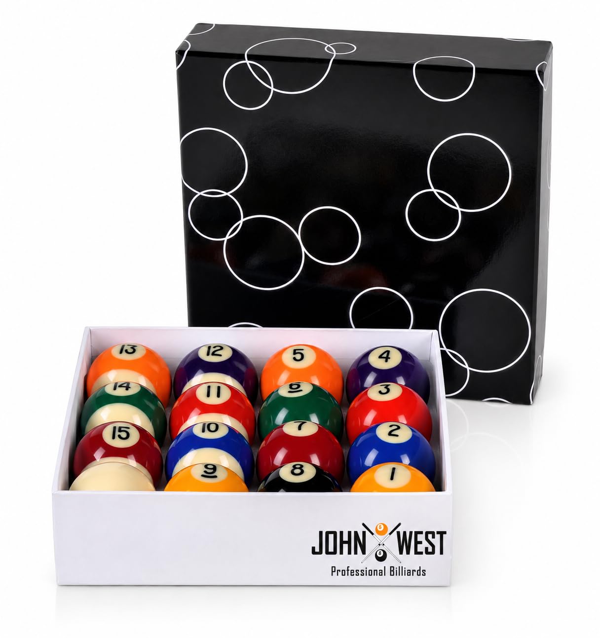 John West Pool Billardkugeln 57 mm Komplettes Set | Mit Spielkugel, Aufbewahrungsbox, Für Hobby, Freizeit & Gaststätte, Poolbillard