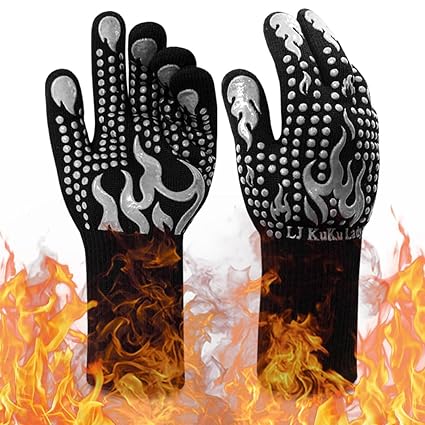 BBQ Heat Resistant Gloves, 1472 Degree F Cut-Resistant Grill Gloves for Heat Resistant Cooking, Outdoor Grill, Barbecue, Oven, Cooking, Kitchen and Baking - LJ KuKu Lady