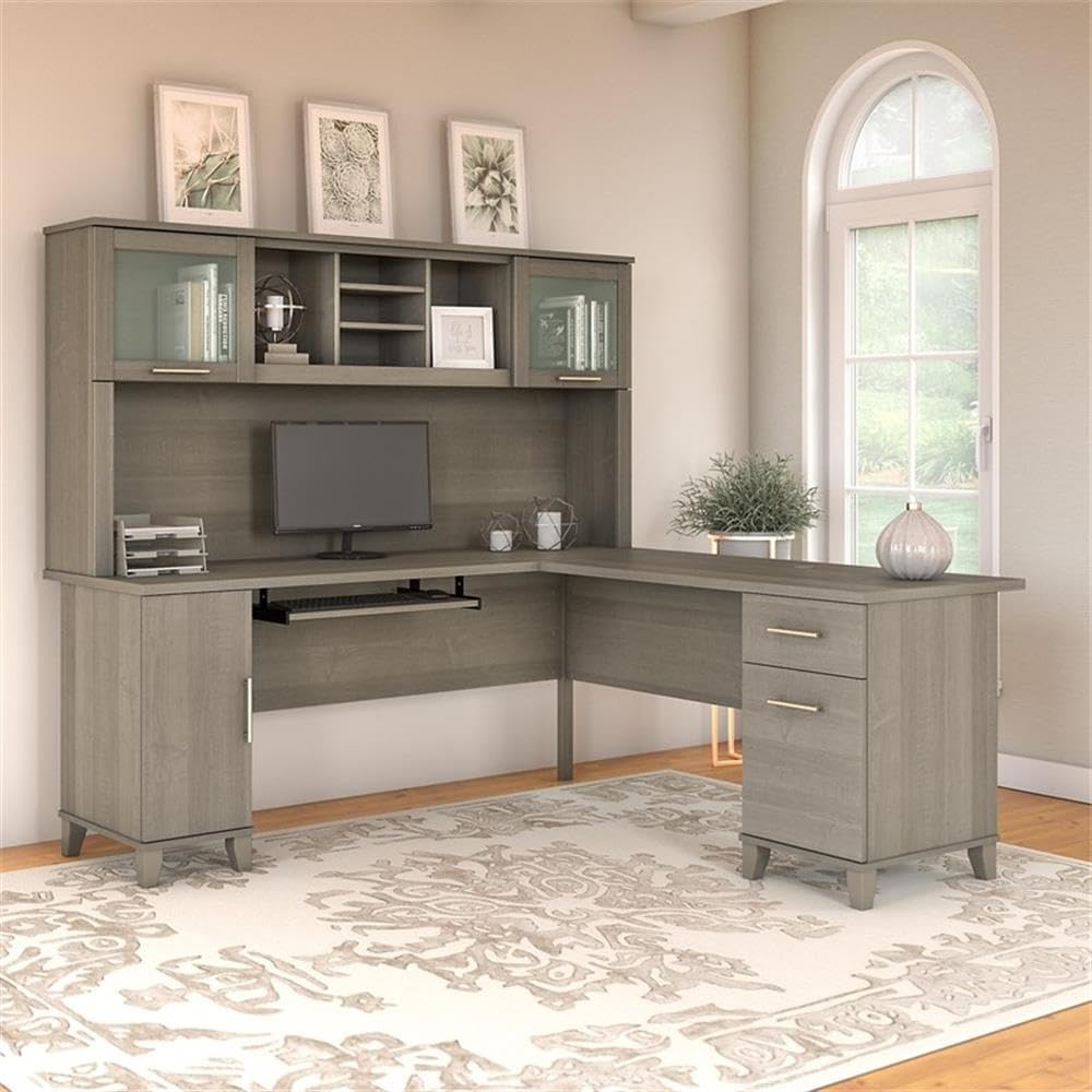 Pemberly Row 72W L Shaped Wood Desk with Hutch, Gray Finish, Pull-Out Keyboard Tray, File Drawer, Glass Door Storage, Modern Home Office Desk for Computer, Printer, and Supplies Storage