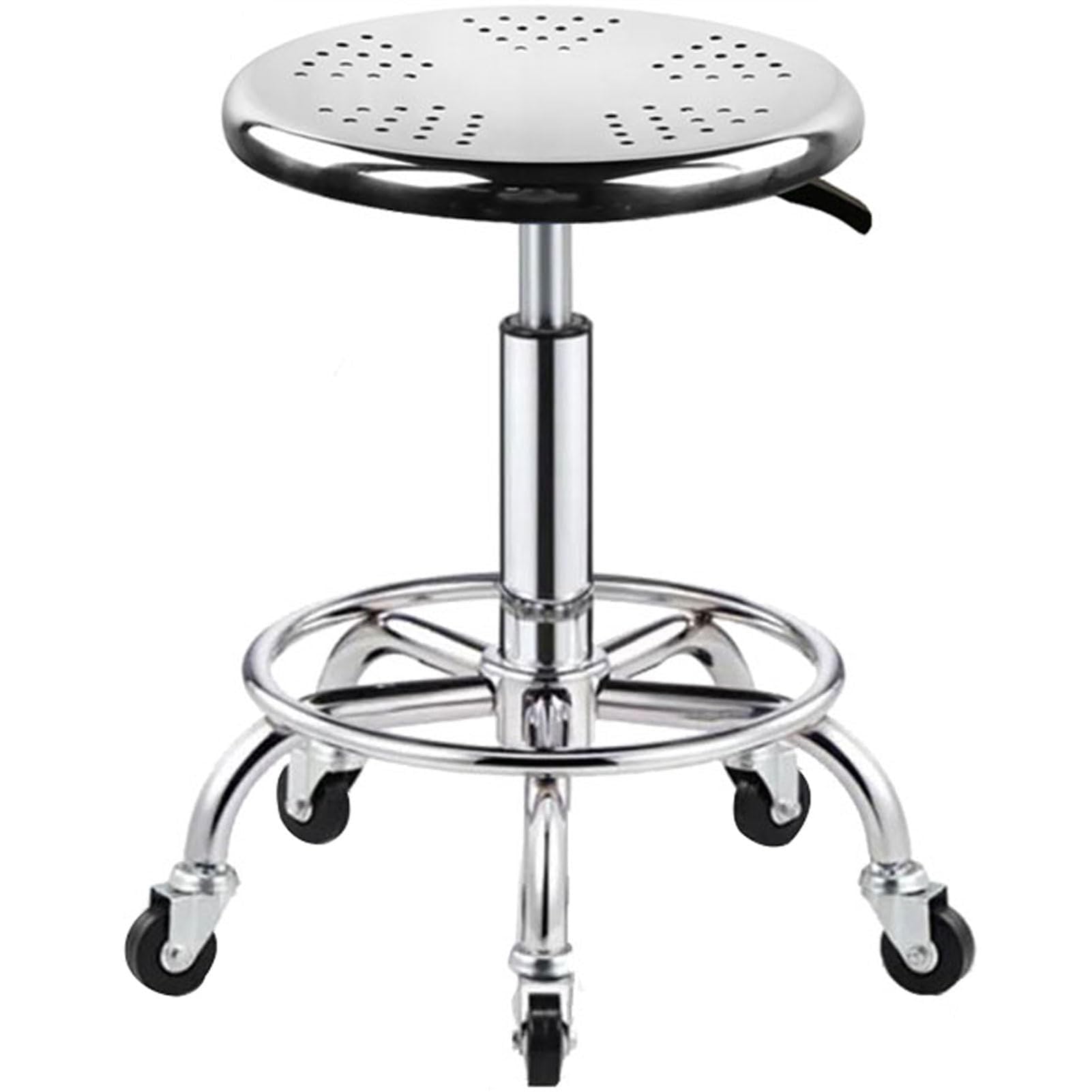 Sgabello girevole su ruote, sgabello da laboratorio regolabile in acciaio inox resistente con cuscino rotondo, struttura in acciaio inossidabile 304
