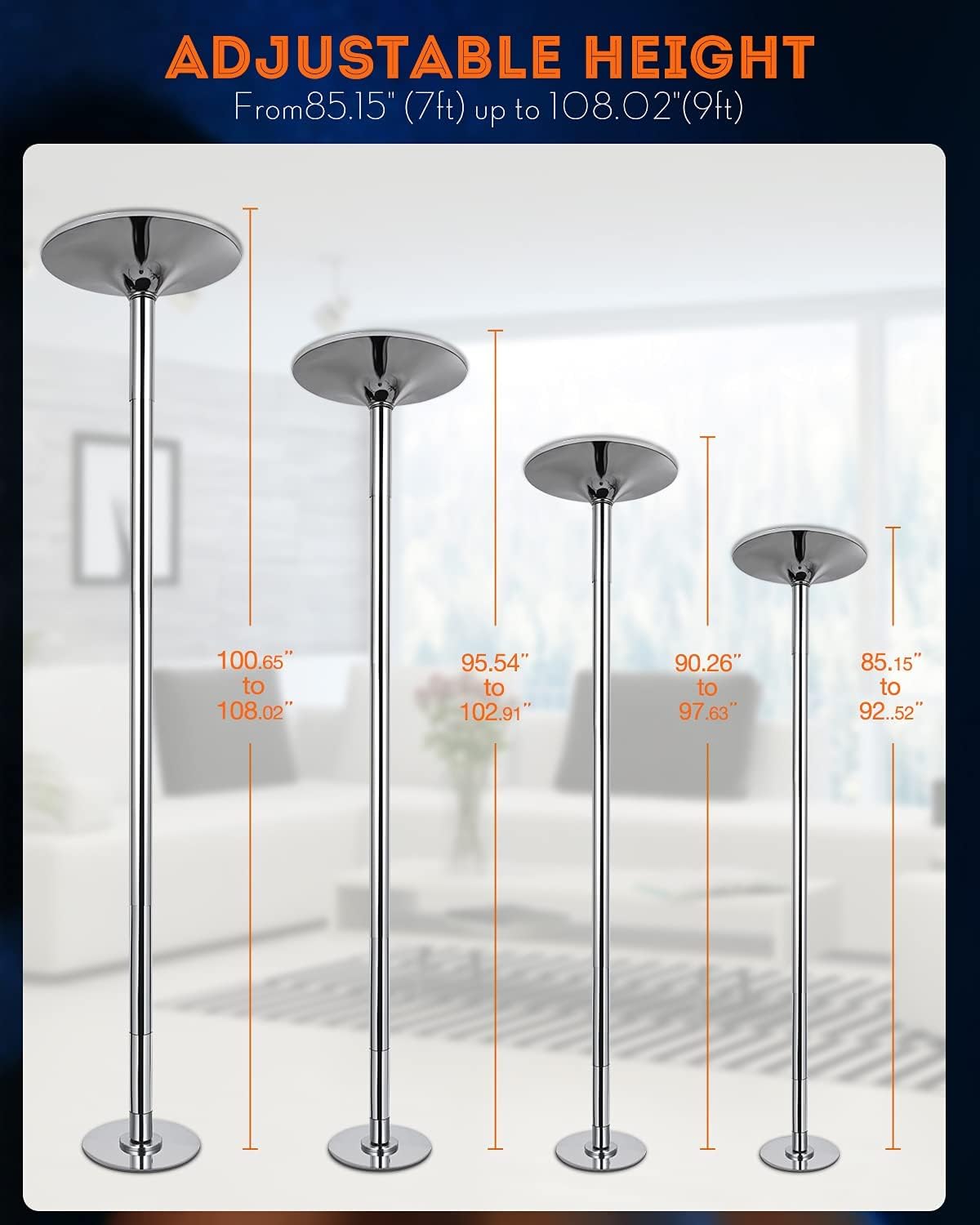 Yesker Stripper Pole for Home, Professional Dancing Pole Spinning Static Adjustable Height 7ft to 9ft, 45mm Diameter Max Load 440lb Removable Poe Dance for Beginner, Fitness, Exercise,Bar, Gym,Party