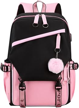 JiaYou Little Girls School Students Book Bag Outdoor Daypack Backpack with USB Charging Port Style B Pink, 19 Liters