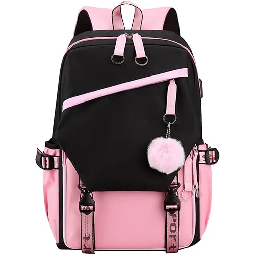 JiaYou Teen Girls Laptop Backpack Junior Middle School Daypack with USB Charge Port(Pink,19 Liters)