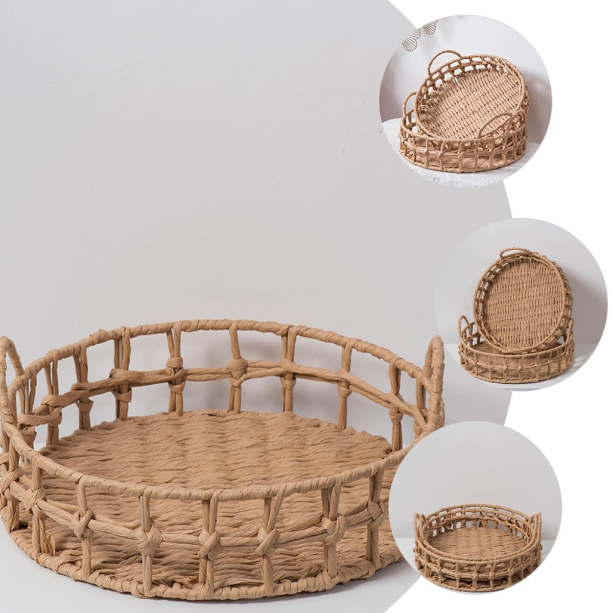 Toyvian Cesta de Almacenamiento Tejida Mano Grande para Cocina y Salón Cesta Redonda Decorativa para Pan Frutas y Verduras Resistente y Segura Diseño Rústico Natural