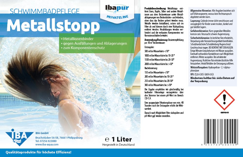 IBA 1 l Metallstopp Metallionenbinder Eisenbinder Eisen-Ex Brunnenwasser Pool