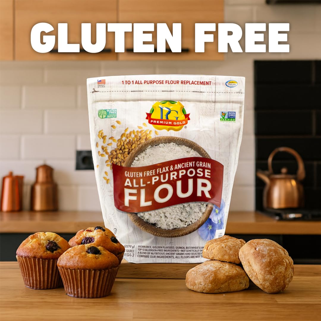 Premium Gold Gluten Free All Purpose Flour, 5 Pound, Gluten-Free, Non-GMO, Kosher, High In Fiber, Source of Omega-3, Plant-Based Protein, No Preservatives, No Additives, Ideal for Beverages & Baking