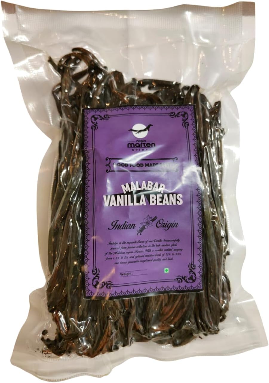Nilgiri Marten Malabar Vanilla Beans 100g | Grade A Gourmet Whole Pods, 1.5 to 2% Vanillin | Single-Origin Idukki, Kerala | Same Species as Madagascar Vanilla | Real Beans, Not Essence