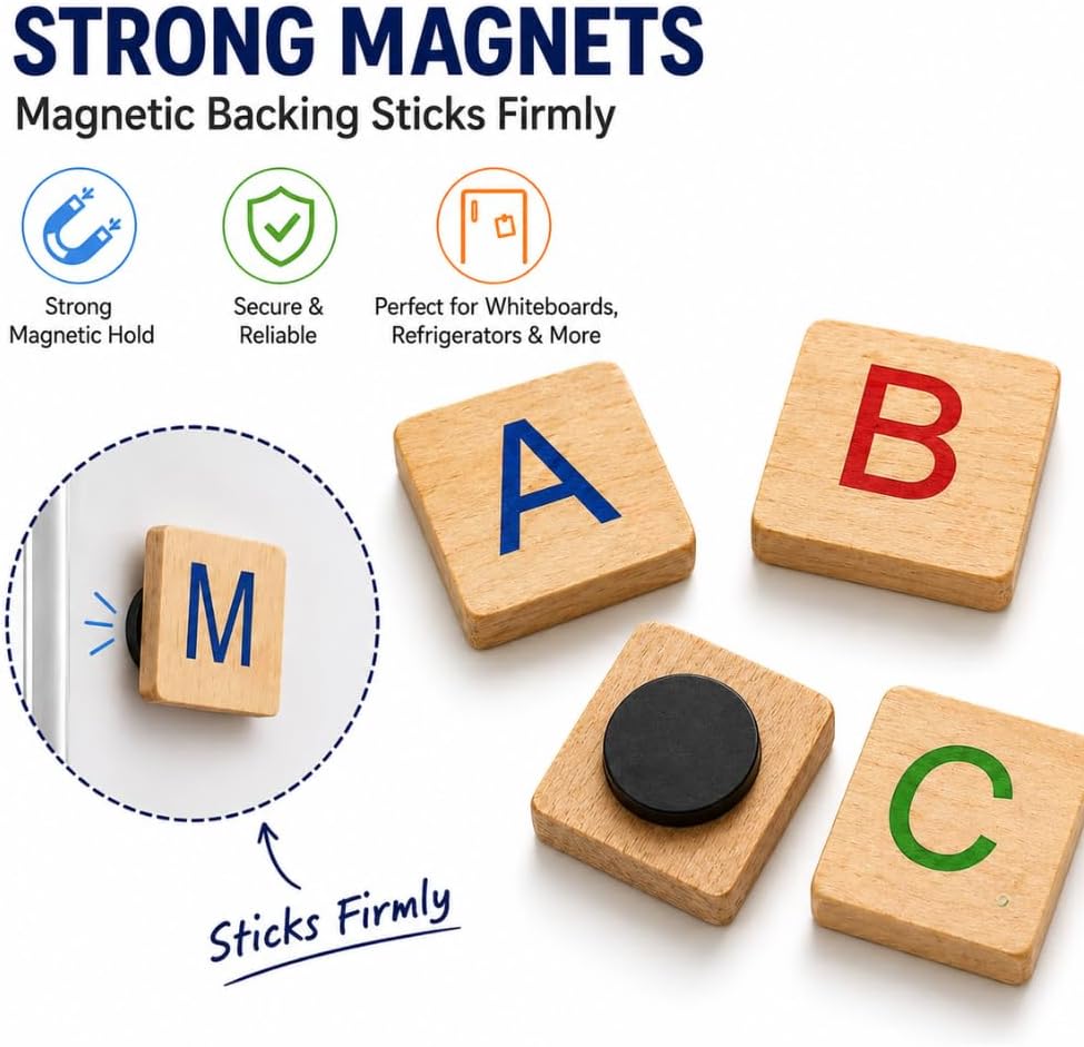 200PC Pastel Wood Wooden Letter Magnet Set Magnetic Alphabet Fridge Refrigerator Board Magnets Tiles Wall Decor Alphabetical Letter Sets Home Office Scrapbook Decorative Accessories Gifts for Adults image 2