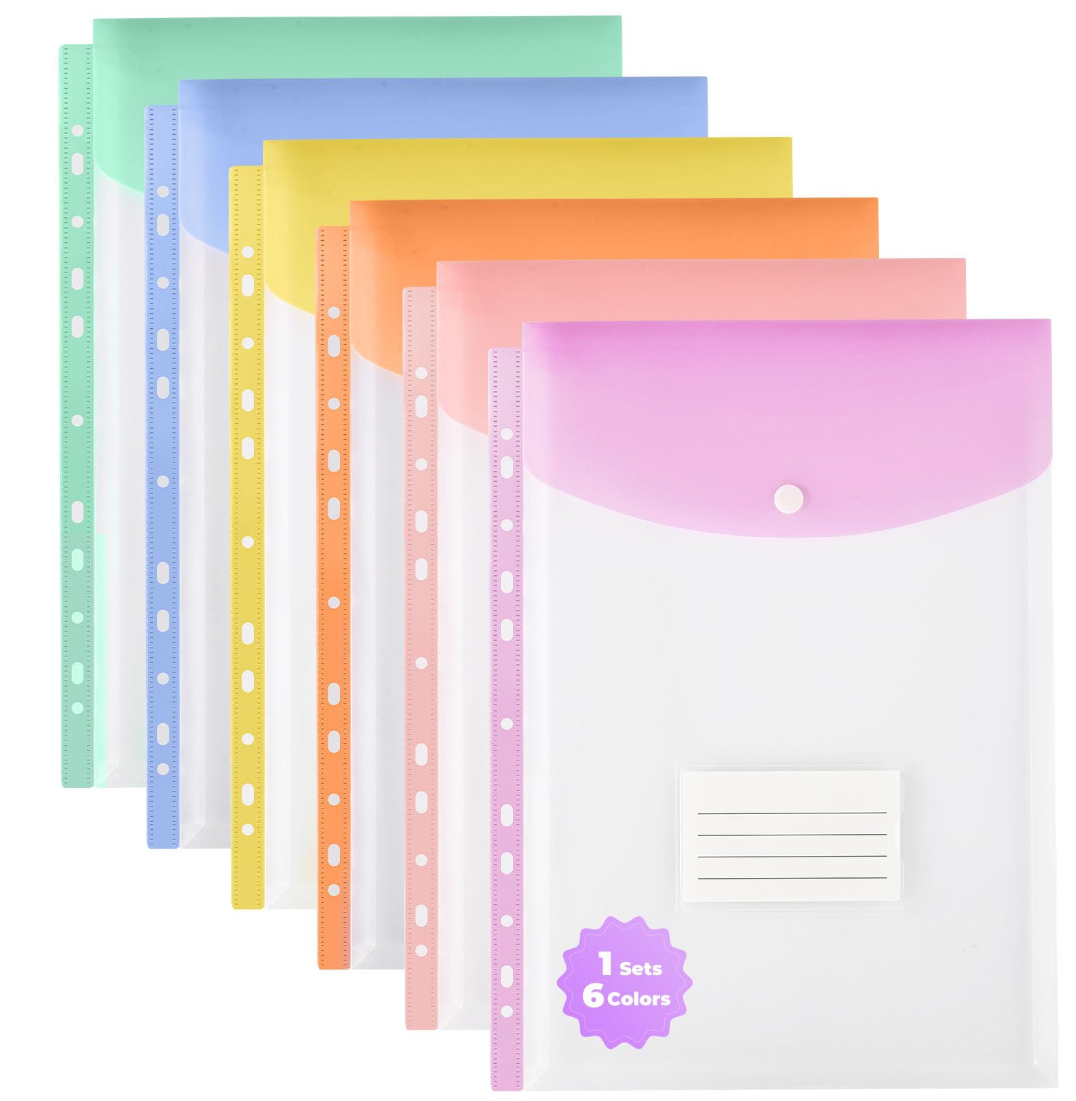 SUIN A4 Plastic Wallets with Popper, 11-Hole Punched Pockets for Ring Binders, Pastel Coloured Document Folders with Label Tag, Clear Document Wallets Plastic Folders A4 Size (6 Pack)