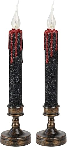 2 velas LED de goteo de sangre con funcionamiento de batería, velas de polvo de purpurina negra con soporte, amarillo cálido parpadeante, para bodas