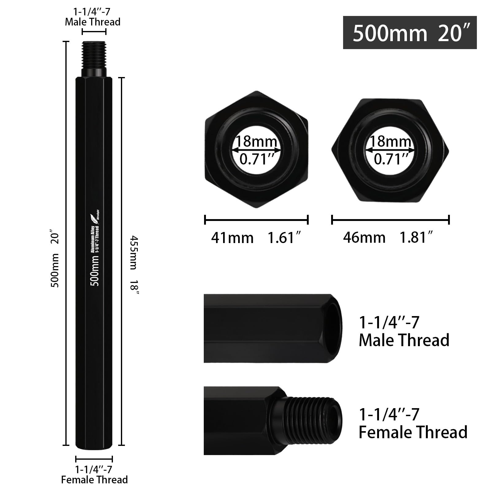 Drążek przedłużający 500 mm do wierteł diamentowych z gwintem wewnętrznym i zewnętrznym 1-1/4"-7, lekkie przedłużenie ze stopu aluminium do koronki wiertniczej, do wiercenia głębszych otworów