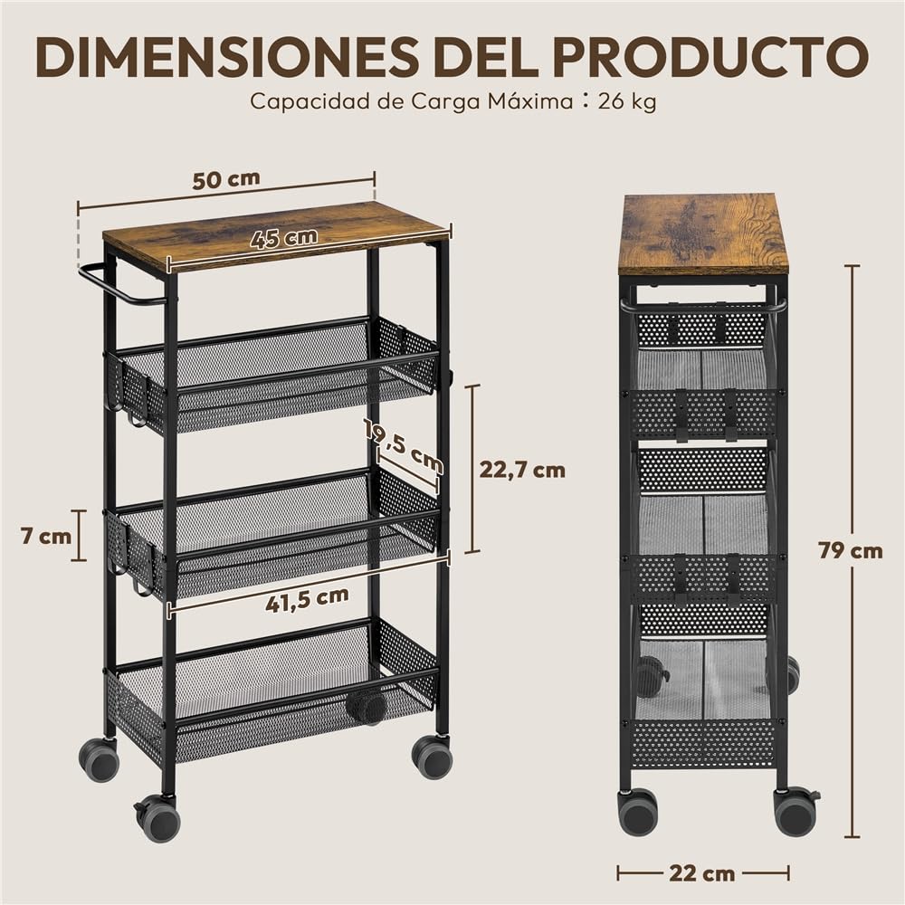 Yaheetch Carrito de Almacenaje de 4 Niveles,con Ruedas Bloqueables,con Ganchos Asa,Marco de Acero con Superficie de Madera,45x22x79cm,para Cocina Estudio Baño Salón, Color Marrón Rústico y Negro