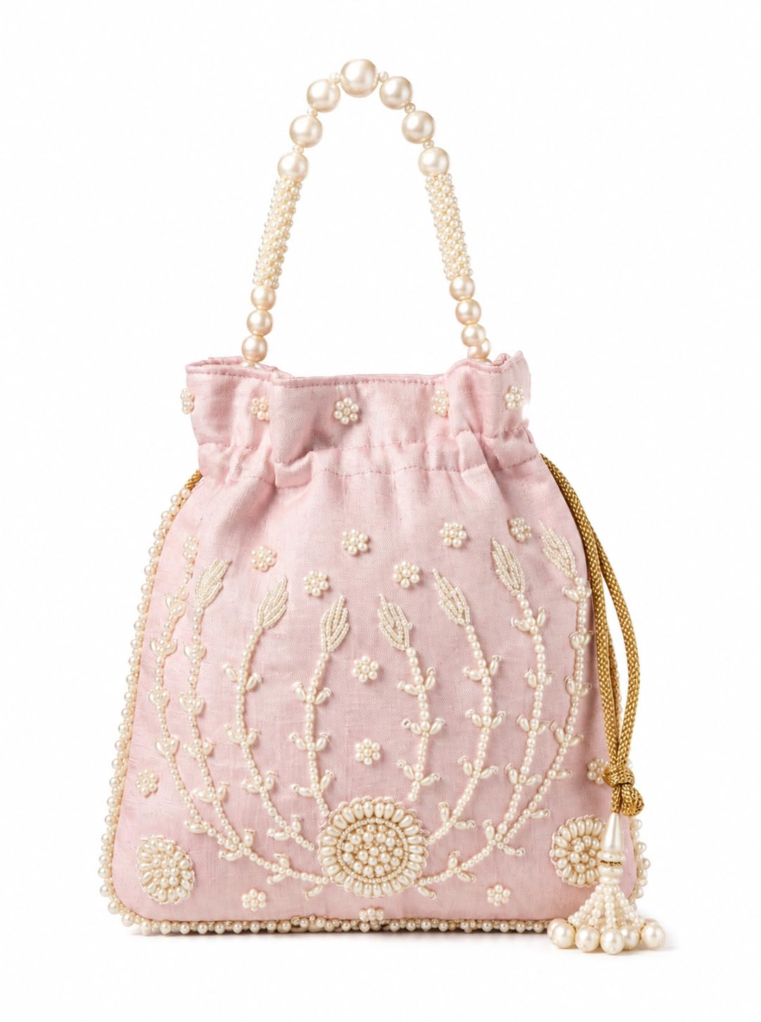 Light Pink Potli Bag with Pearl Beaded Handle, Drawstring Closure, Tassel Detail-image-43