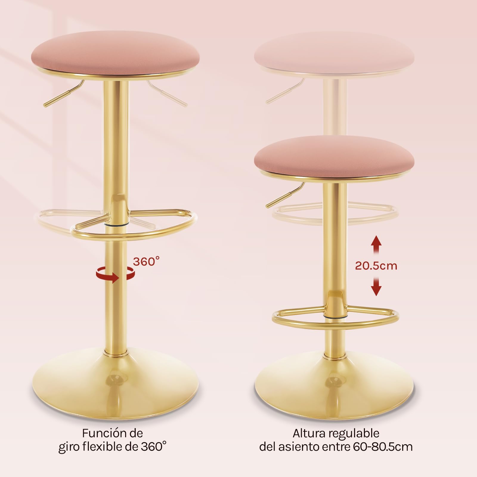 WOLTU Taburetes de Bar Juego de 2 con Reposapies Terciopelo, Rosa