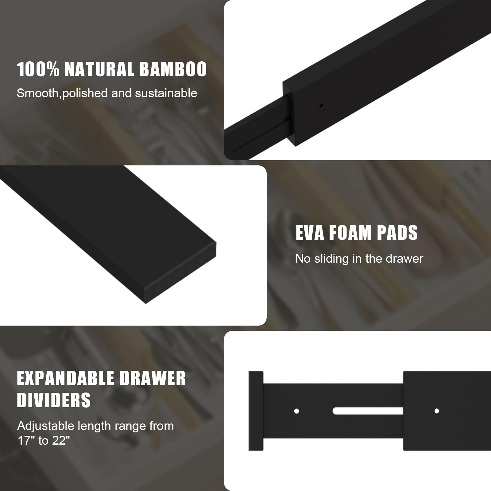 Separadores de cajones de bambú, organizador de cajones de cocina ajustable de 17 a 22 pulgadas para ropa, paquete de 8 separadores de organización de cajones expandibles para dormitorio, baño,
