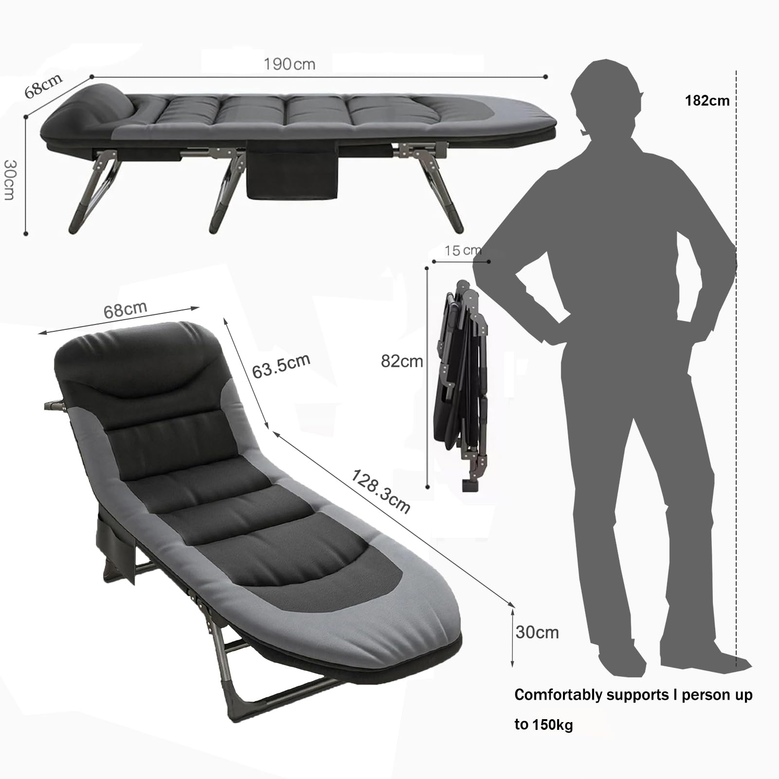 Feldbett Klappbar mit Matratze, Verstellbares Campingbett, Karpfenliege, Gästebett Klappbar für Outdoor Indoor, Campingliege, Anglerliege Klappbett Liegestuhl für Garten Reisen (schwarz)