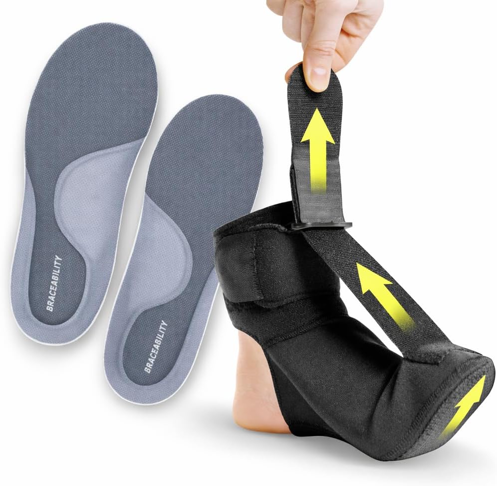 BraceAbility Day and Night Plantar Fasciitis Support Bundle - Durable Orthotic Insoles and Soft Night Splint Sock for Heel, Arch and Achilles Pain (S)