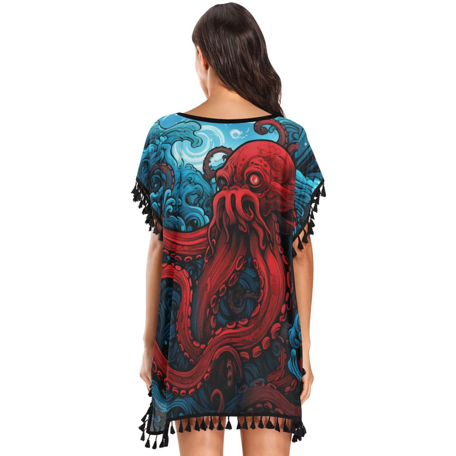 KAAVIYO Blue Red Octopus Scary Women's Beach Cover Up Chiffon Tassel Swimwear Swimsuit Coverups for Girl