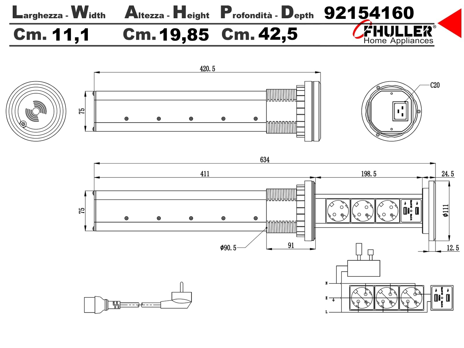 Presa Elettrica a Scomparsa Automatica – Ciabatta in Alluminio e Vetro con 3 Schuko, 2 Porte USB, Cavo da 2 Metri – Torretta portaprese estraibile - Design Moderno per Cucine e Uffici - IP54 (Grigio)
