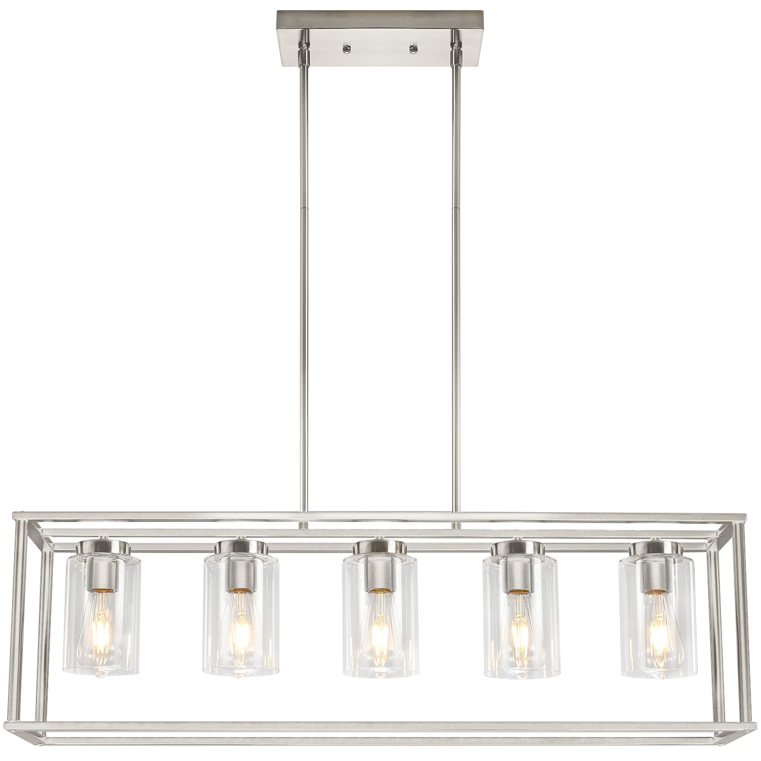 Heircido Brushed Nickel 5 Light Industrial Dining Table Light Fixtures,Farmhouse Chandeliers Rectangle Pendant Lighting,Kitchen Island Modern Ceiling Lights with Glass Shade