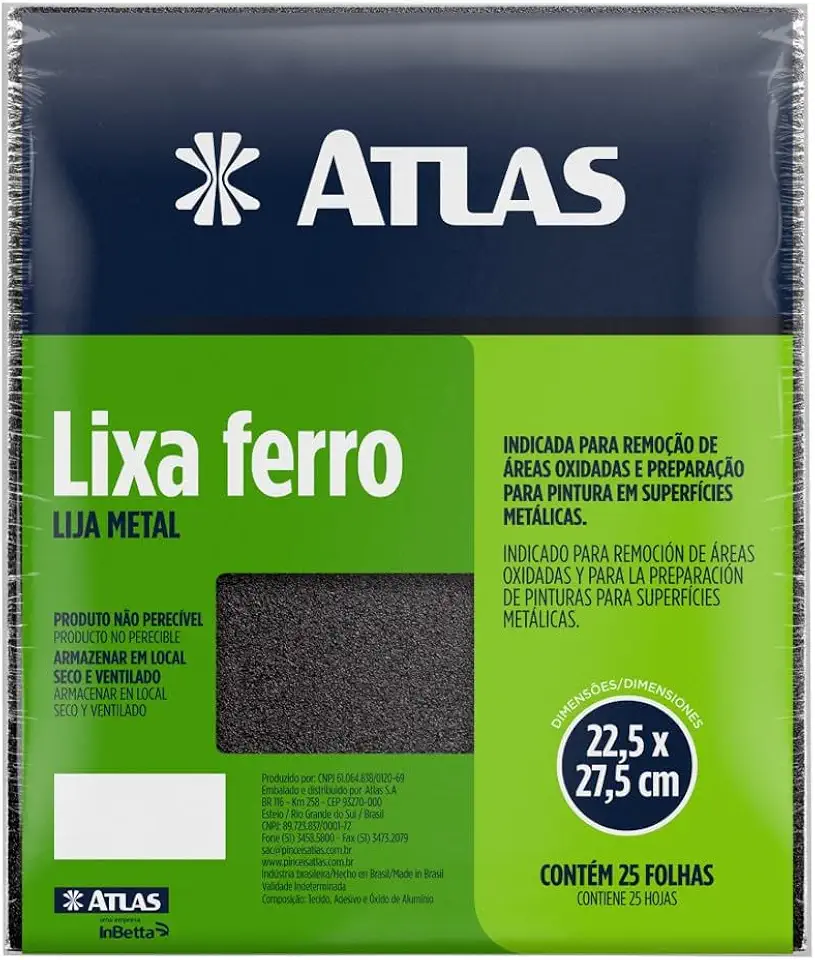 Atlas - Lixa para Ferro com Grão 220 e Verso em Tecido, Tamanho 22,5 x 27,5 cm