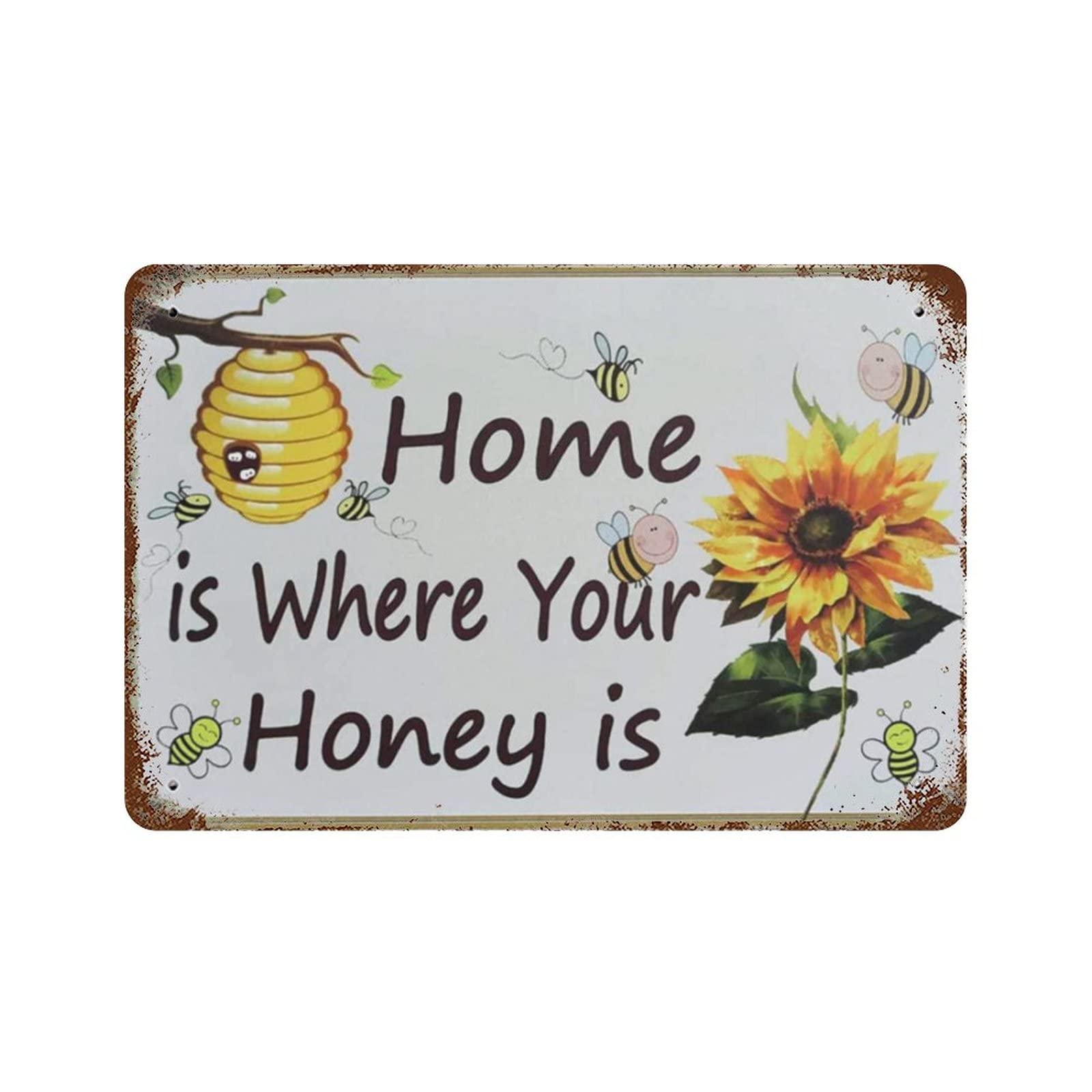 AOOEDM Home Is Where Your Honey Is Bee Happy Vintage Metal Tin Sign for Home Coffee Shop Office Wall Art Metal Poster Garage Decor Man Cave Sign Inspirational Quote Wall Decor