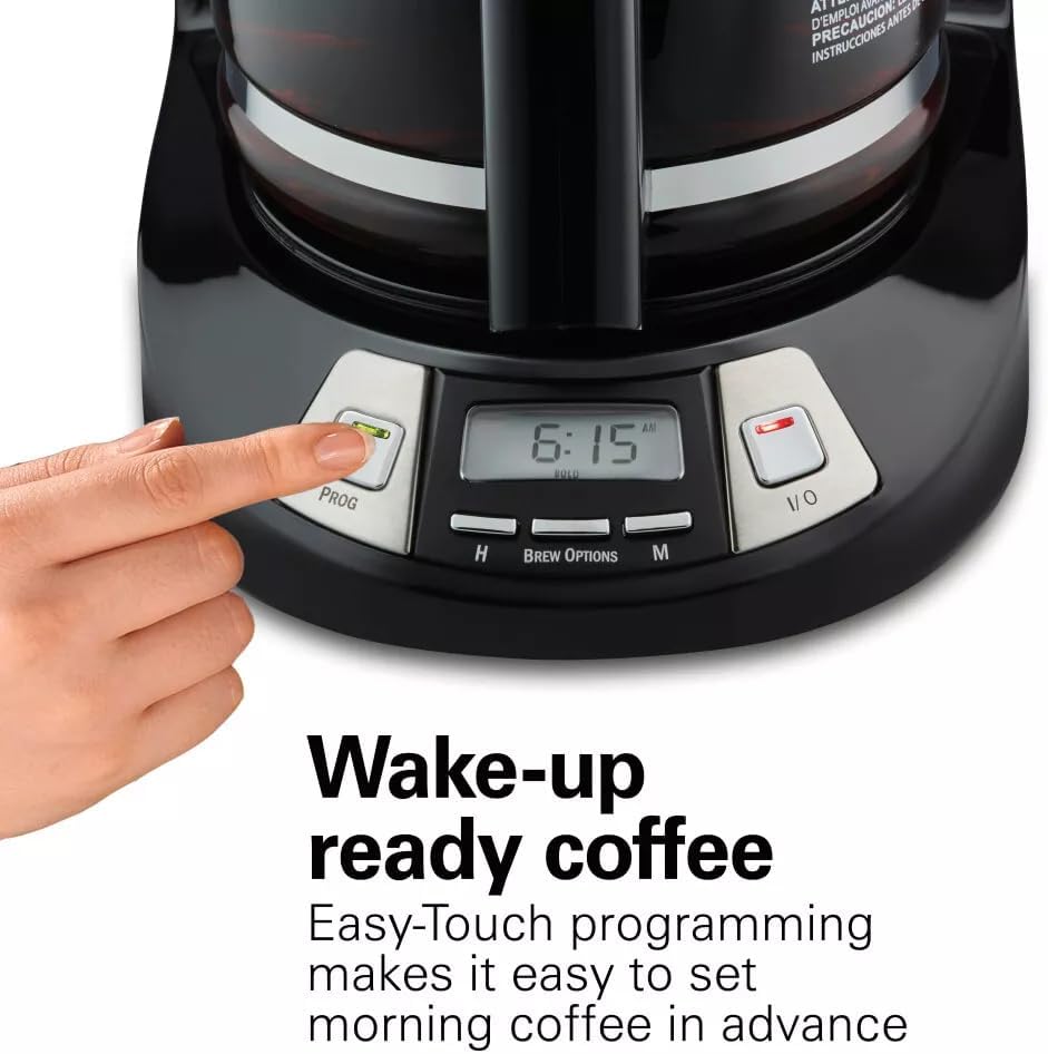 Close-up of coffee maker control panel with programming buttons