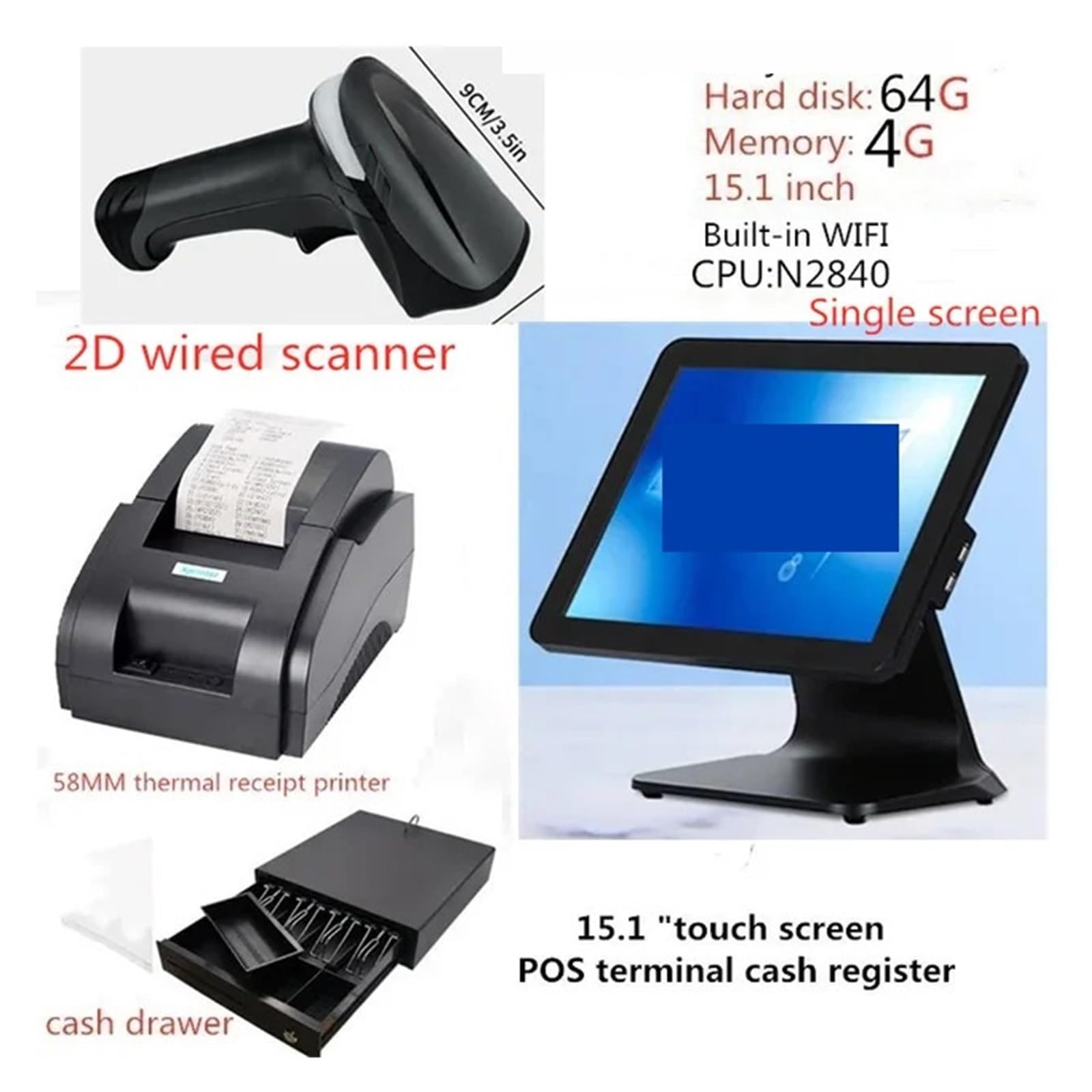 Registratore di cassa, Un set completo di registratore cassa, stampante termica, scanner, cassetto for contanti, touch da 15,1 pollici, WIFI integrato(Black Single screen)