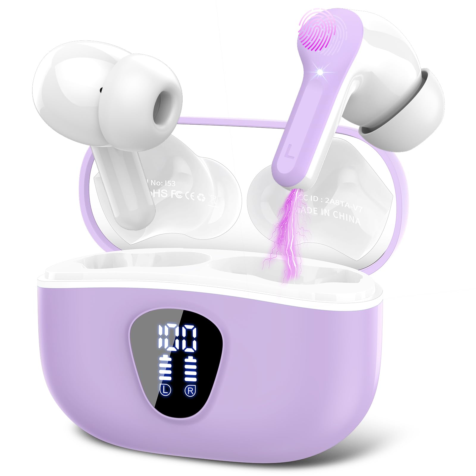BESNOOW Cuffie Bluetooth, Auricolari Bluetooth 5.3 Stereo HiFi con 4 HD Mic, Cuffie Wireless In Ear ENC Cancellazione Rumore, 40 Ore LED Display Touch Control, Cuffiette Bluetooth IP7, Azzurro chiaro